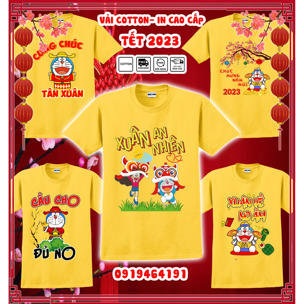 Áo thun doraemon tết quý mão 2023 màu vàng, áo thun tết con mèo doraemon, vải dày mịn mát, in cao cấp - Có size trẻ em