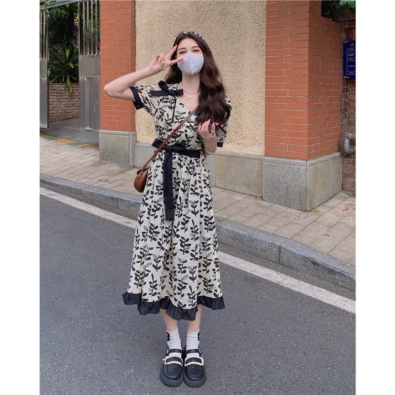 Đầm Hoa Mùa Hè Phong Cách Hepburn Pháp Thiết Kế Mới Cho Nữ