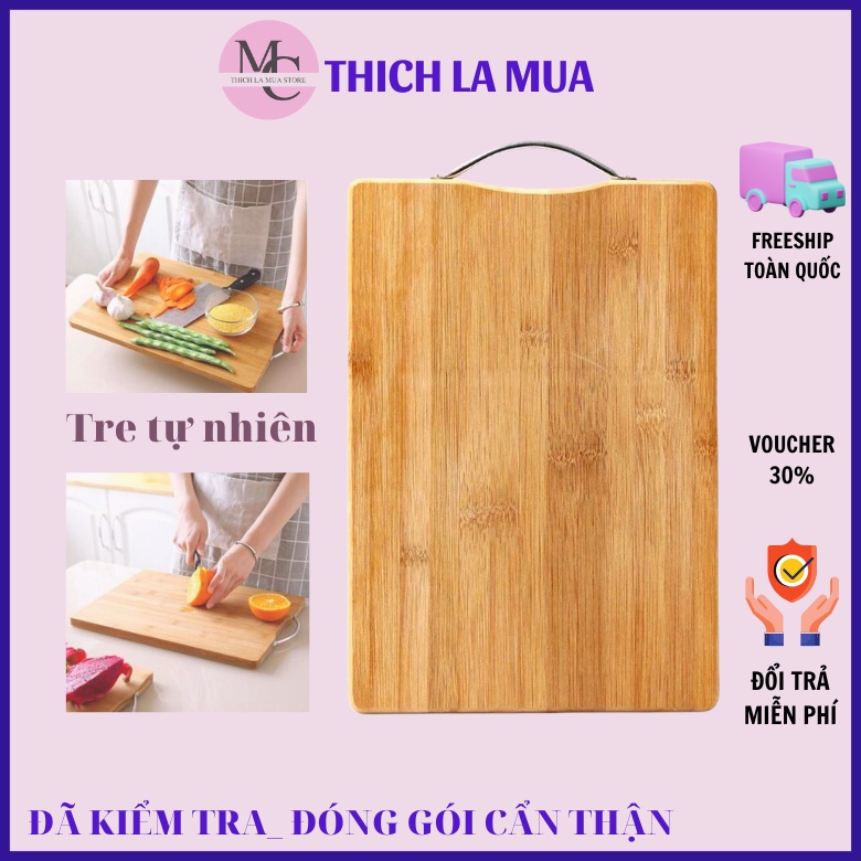 Thớt gỗ tre chữ nhật khoáng khuẩn loại dày kích thước lớn 20x30cm có móc treo inox cao cấp