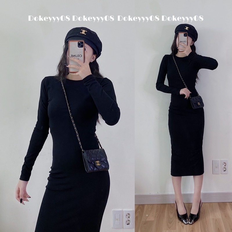 Váy body dài tay dáng dài chất co giãn