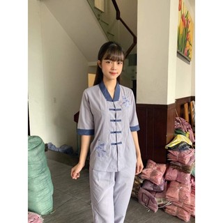 Bộ lam đi chùa. la Hán phối nữ đồ đi chùa  nữ thêu sen tay lỡ vải mát