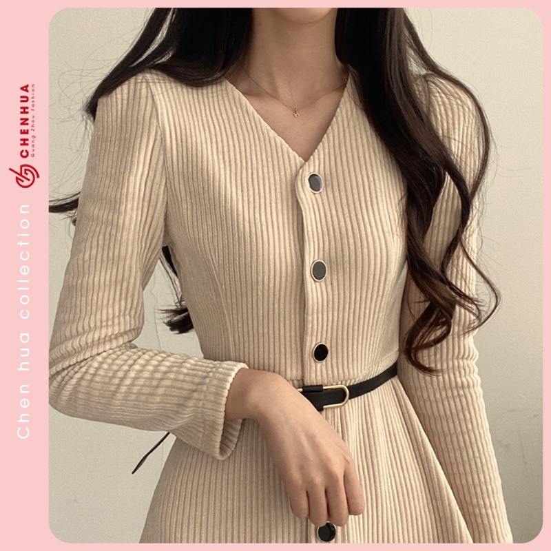 Váy nhung tăm dài tay ChenHua đầm len QC đẹp VT29