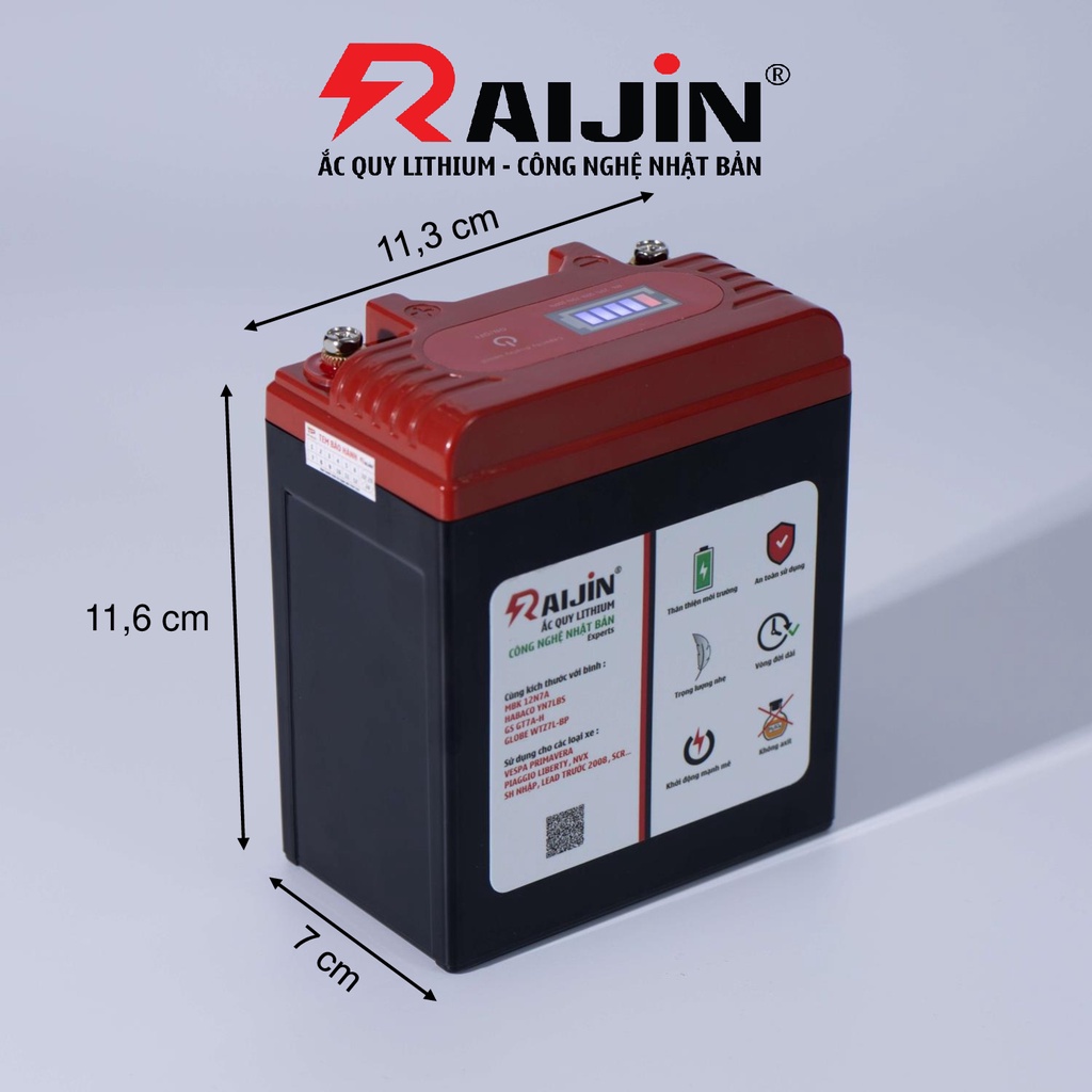 Bình ắc quy xe máy lithium RAIJIN Experts L công nghệ Nhật Bản điện áp 12v-7ah, chuyên dùng cho xe độ đèn dưới 150 Watt