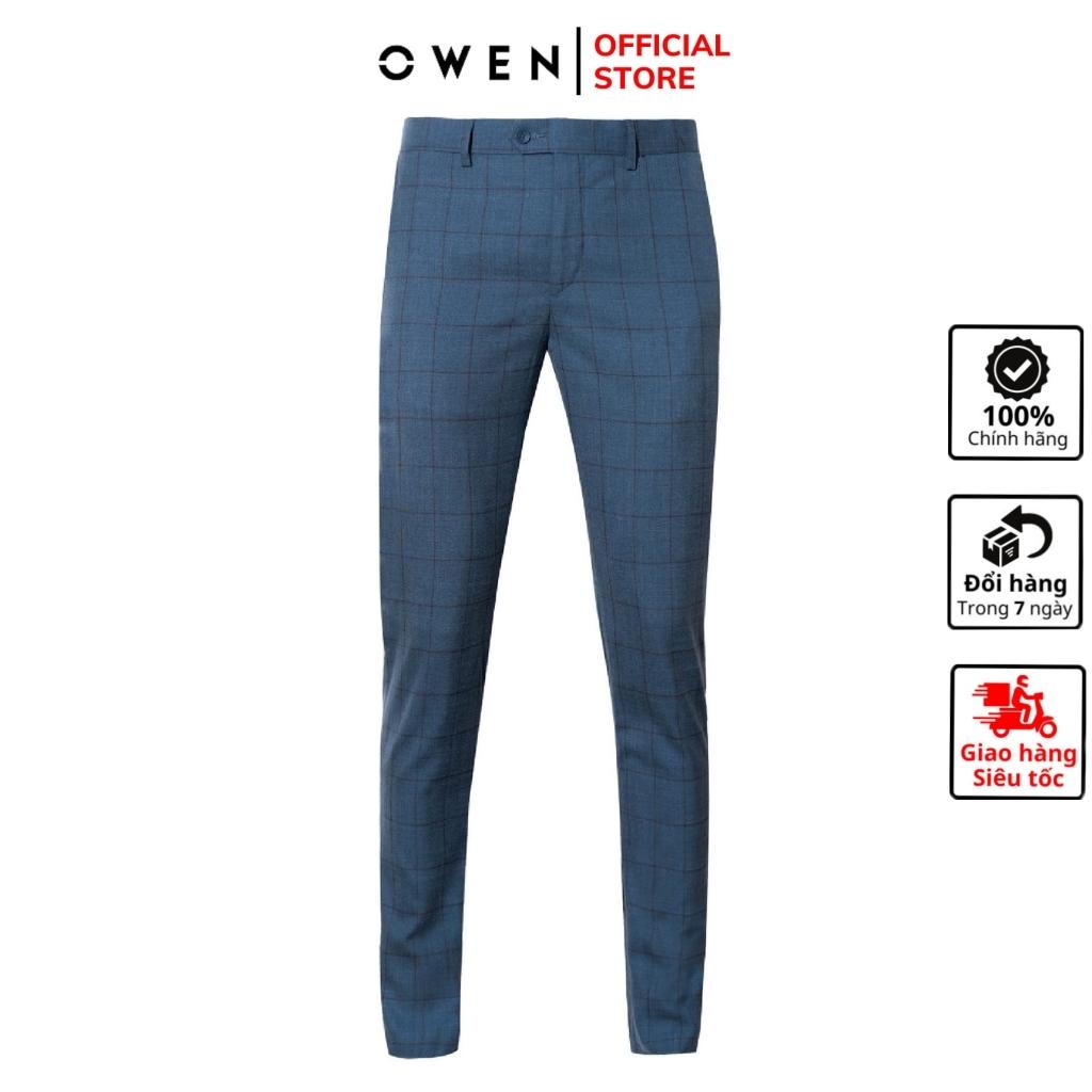 Quần âu tây nam công sở cao cấp OWEN QS23447 dáng slim fit ống ôm màu màu xám xanh kẻ nâu vải polyester mềm mát