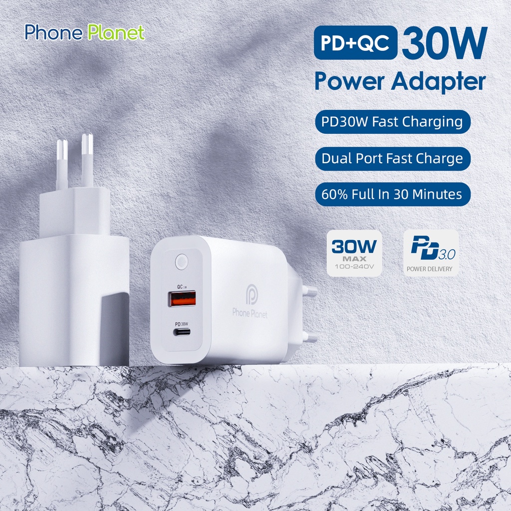 Củ Sạc Nhanh Phone Planet USB-A USB-C 30W Charger PD USB Type C cho iphone 12 13 14 15 pro max