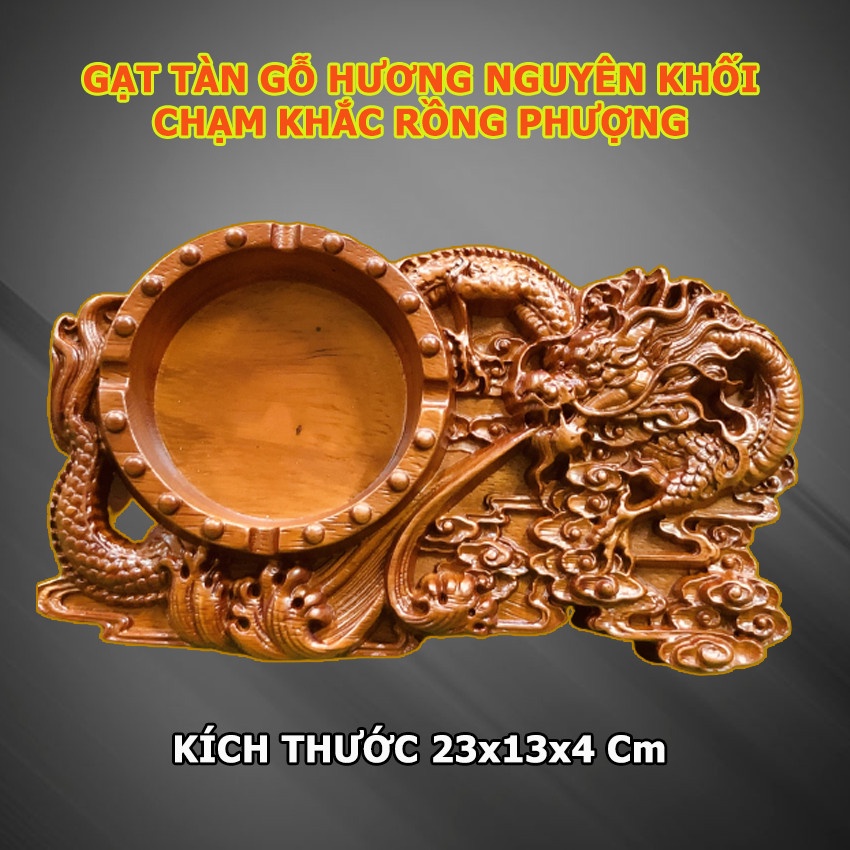 GẠT TÀN THUỐC GỖ HƯƠNG TA NGUYÊN KHỐI CHẠM RỒNG LỬA CAO CẤP -SIZE TO