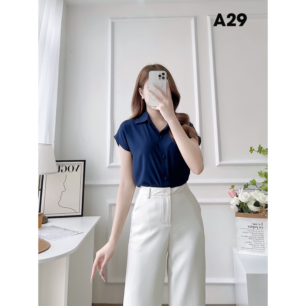 Áo sơ mi nữ công sở cộc tay che khuyết điểm vai to chất liệu lụa moteghi cao cấp SOMIE - A29