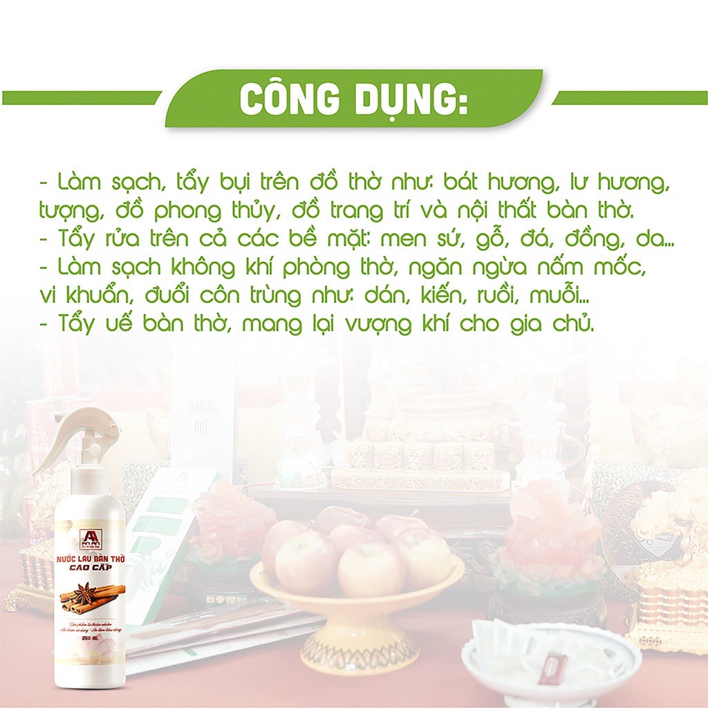 Nước lau bàn thờ An An cao cấp, chuyên dụng lau bàn thờ, tinh chất quế và thảo mộc giúp tẩy uế 250ml