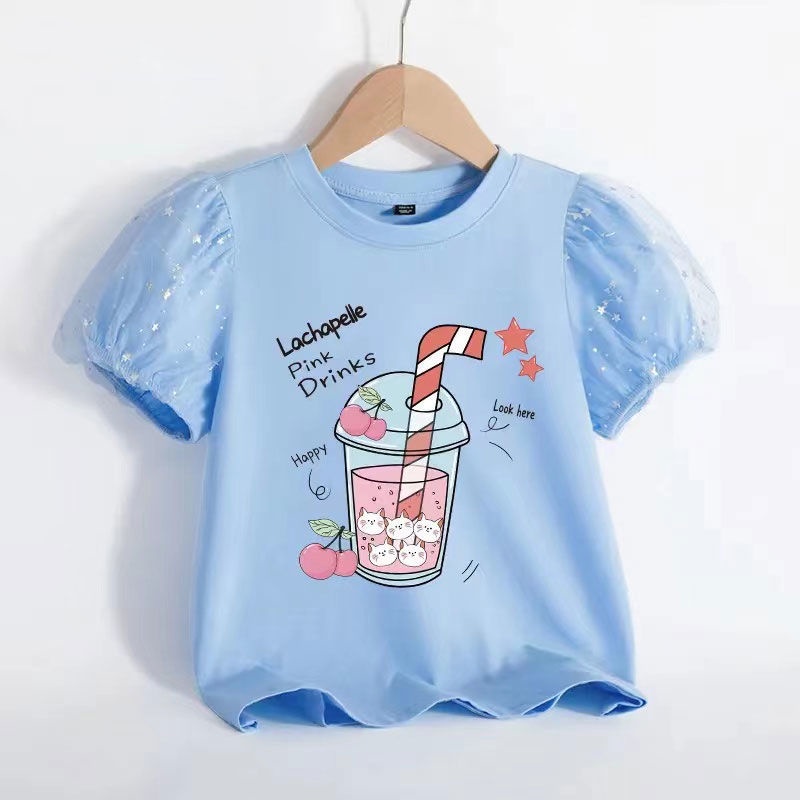 Áo Thun Tay Ngắn Phồng Bằng Cotton In Họa Tiết Dành Cho Bé Gái