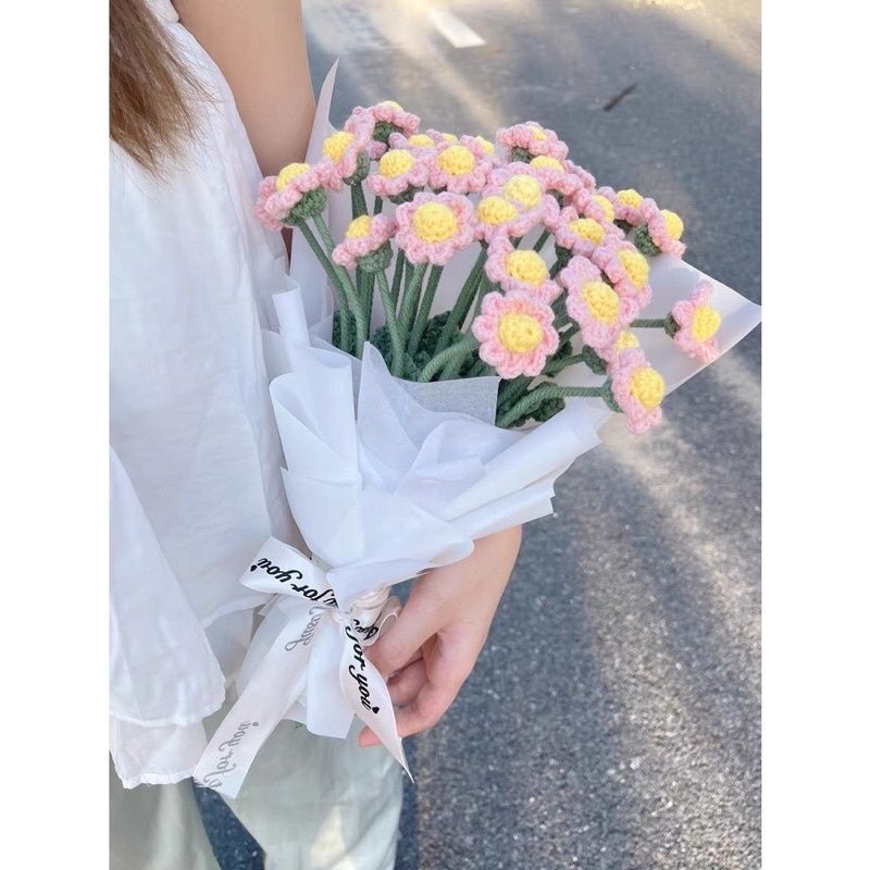 Cành 1 bông hoa cúc daisy nhân tạo  handmade bằng len làm qua tặng bạn bè, decor trang trí nhà cửa đáng yêu