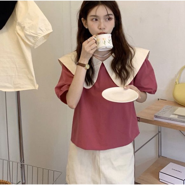 Áo Sơ Mi Ngắn Tay Cổ Búp Bê Thắt Nơ Phong Cách Pháp Thời Trang Cho Nữ