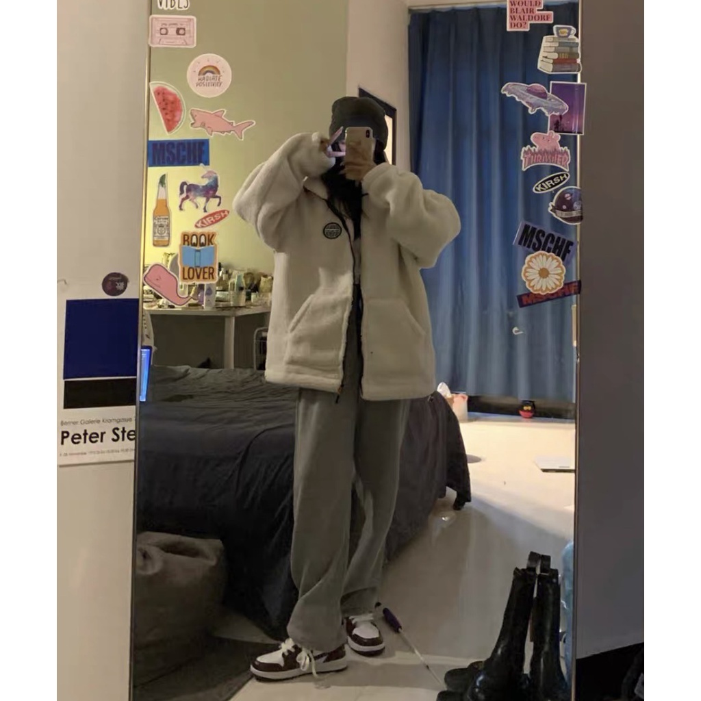 Áo khoác lông DLM tay dài form rộng  Áo khoác ngoài unisex màu trắng phong cách trẻ trung xuongmaythuhien