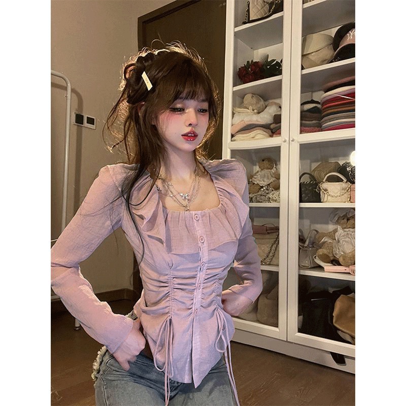 Áo Kiểu Tay Dài Cổ Vuông Phối Dây Rút Thời Trang Xuân Thu Quyến Rũ Cho Nữ