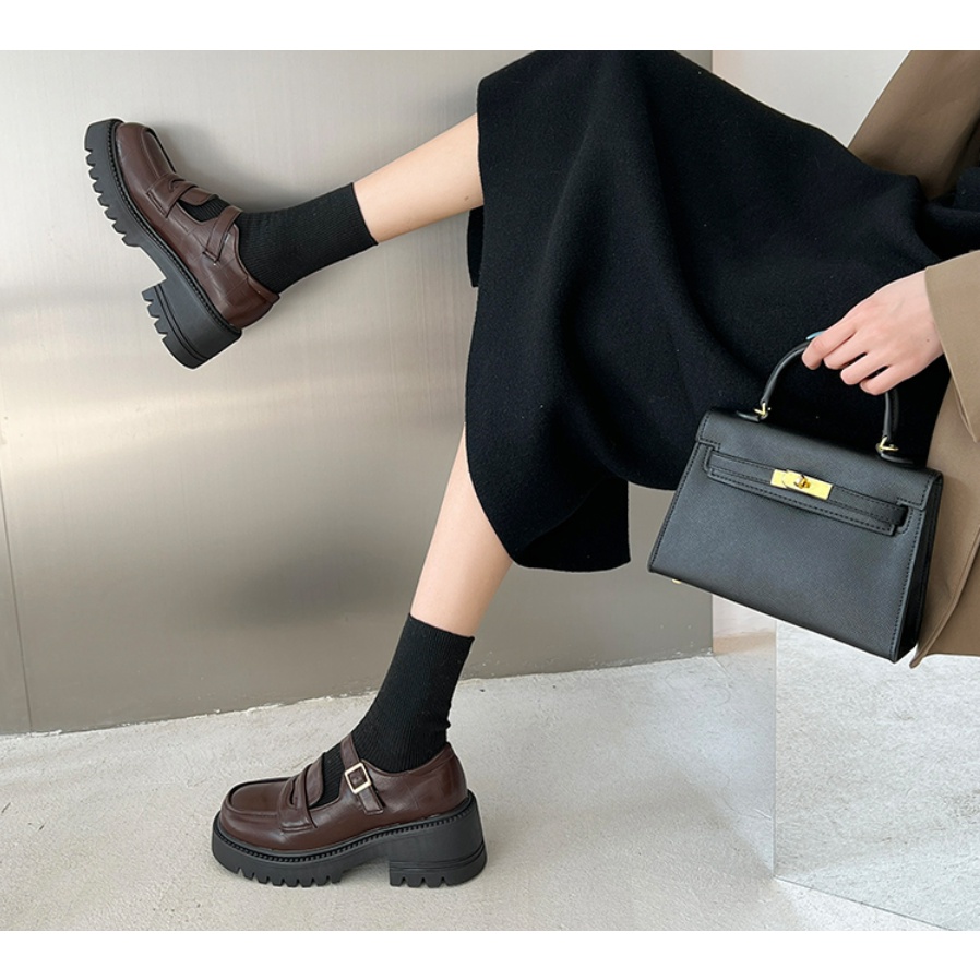 Giày Loafer Nữ Bánh Mì	Đế Cao 5 Phân Mũi Vuông Phong Cách Nhật Bản