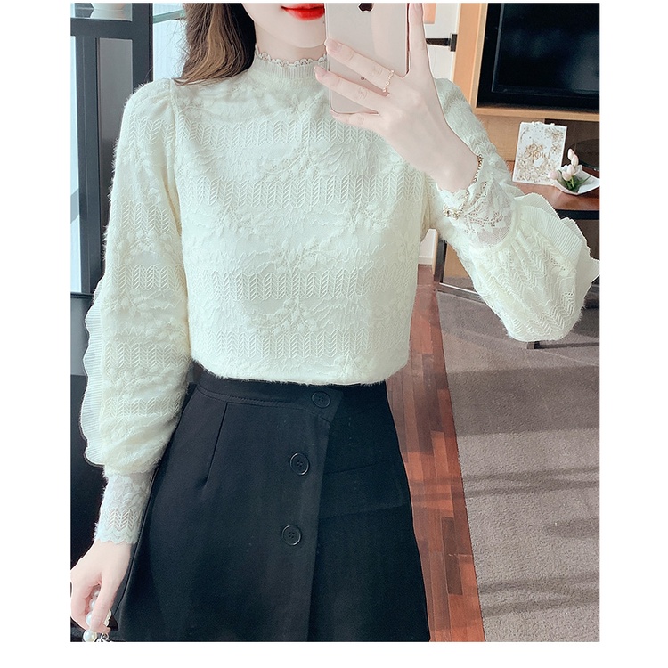 Áo Ren Lưới Tay Phồng Cổ Đứng Phong Cách Phương Tây Thời Trang Mùa Đông Cho Nữ