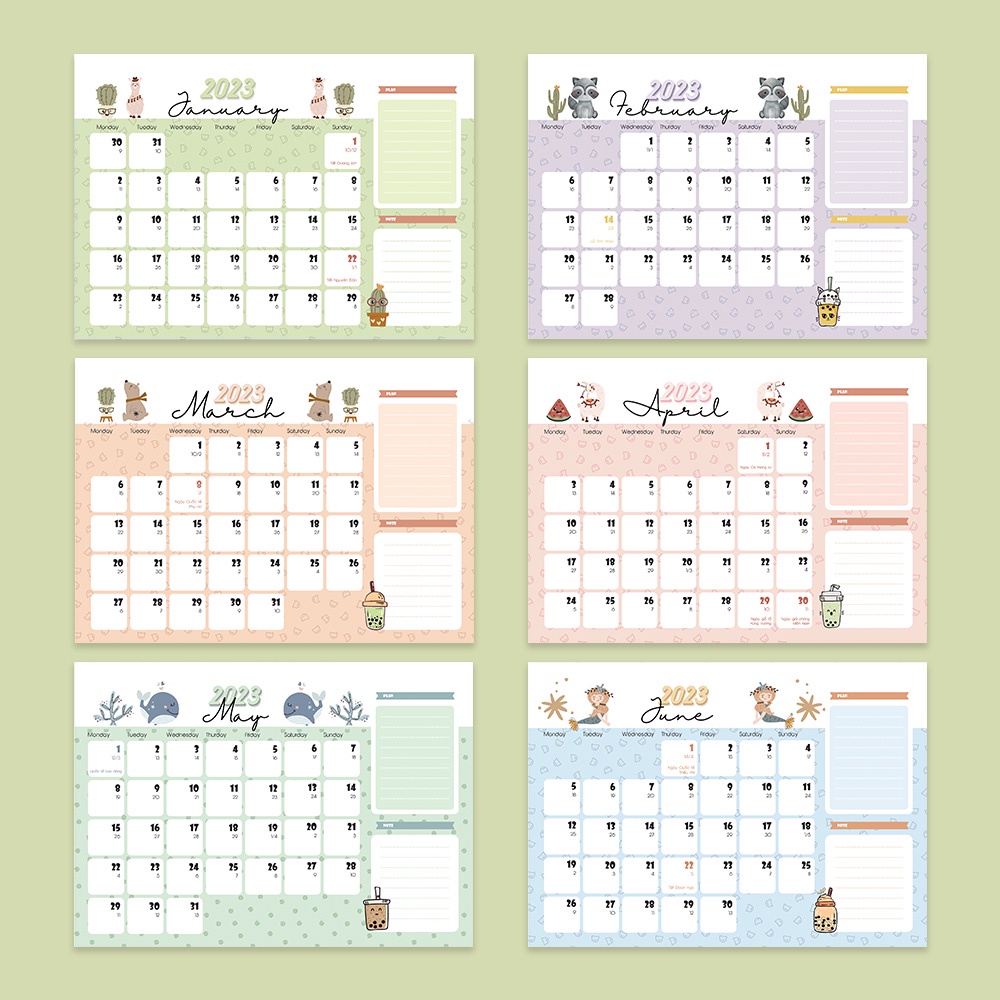 Lịch năm 2023 có lịch âm - Lịch để bàn chữ A 2023 Calendar - Tone màu pastel cute