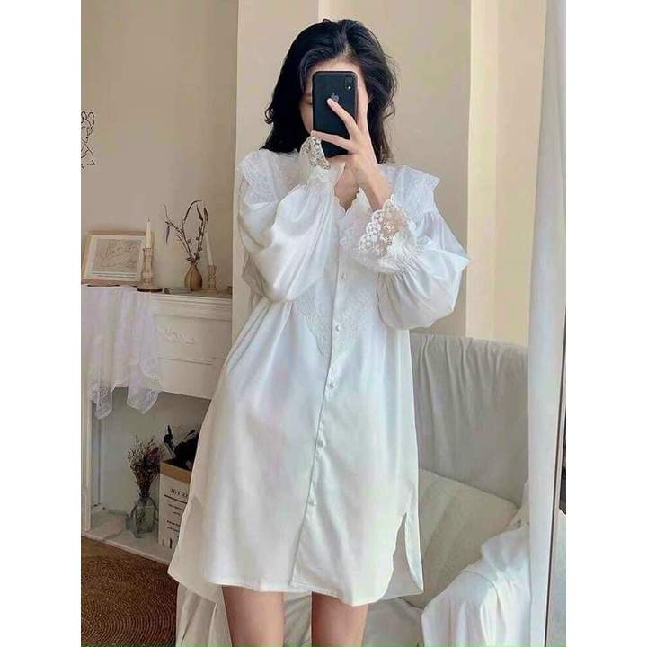 Váy ngủ lụa tiểu thư dài tay mặc nhà dễ thương Thỏ's Boutique đầm ngủ dễ thương phối ren cổ chữ V Freesize