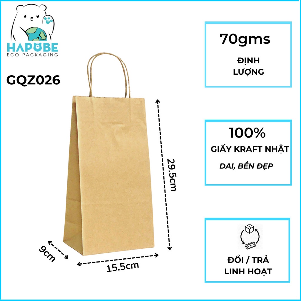 Combo 100 túi giấy kraft có quai 15x9x29cm GQZ2026 Hapobe
