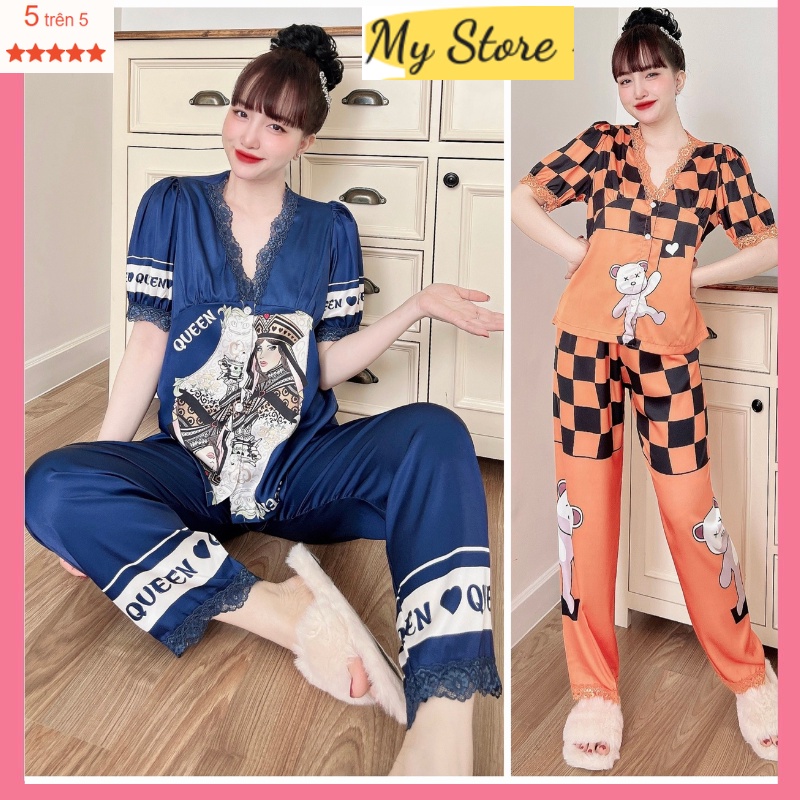 Đồ bộ nữ Pyjama tiểu thư tay ngắn quần dài dễ thương vải lụa latin in 3D thiết kế mịn mát ,freesize dưới 62kg MY STORE
