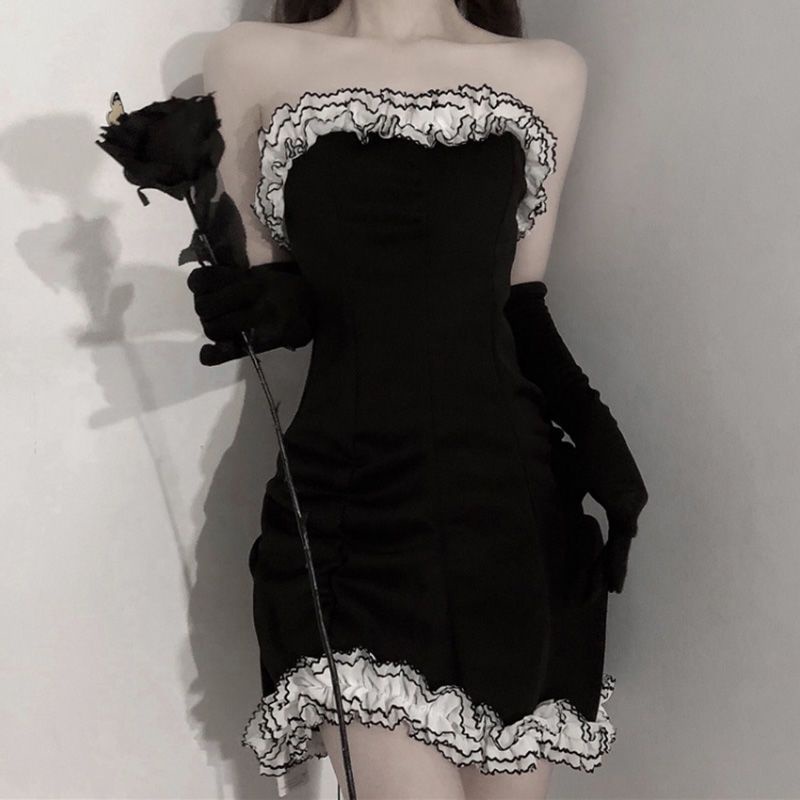 Đầm Ống Màu Đen Tương Phản Phong Cách Retro Phương Tây