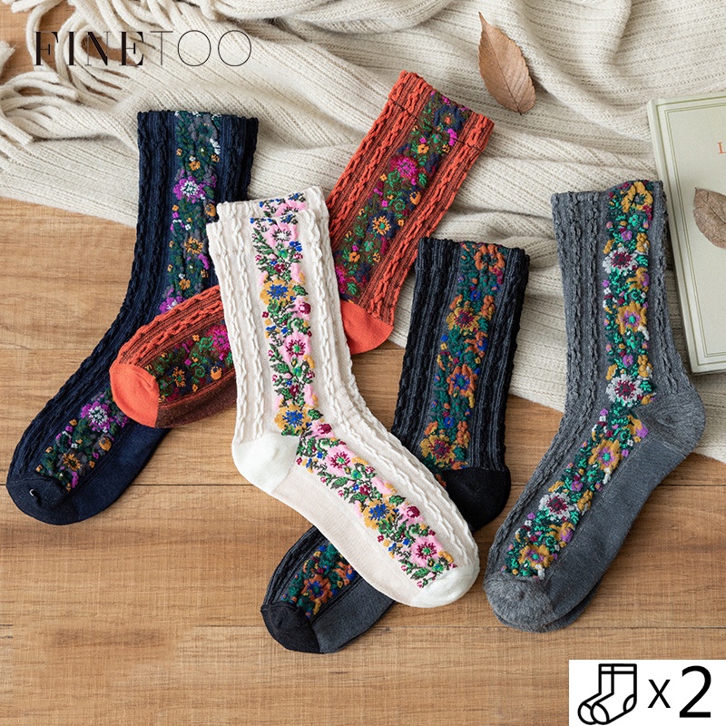 FINETOO Set 2 Đôi Vớ Cotton Họa Tiết Hoa Phong Cách Âu Mỹ Cổ Điển Dành Cho Nữ