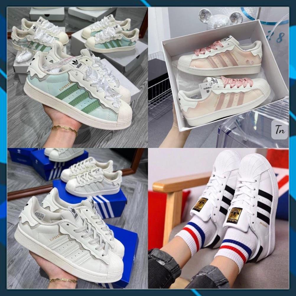 Giày thể thao adidas superstar hồng + xanh kem trắng, giầy das sò 3 sọc hồng, xanh nữ cực chất hot trend 2022