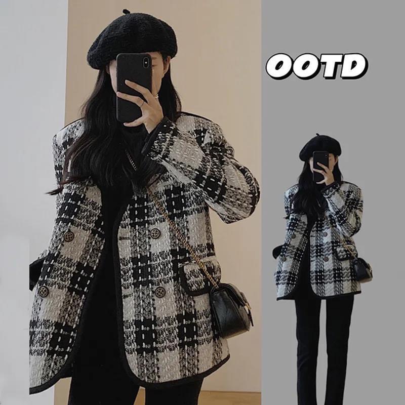 Áo khoác dạ dáng dài cổ V kẻ viền đen có túi dệt kim có lót Vintage