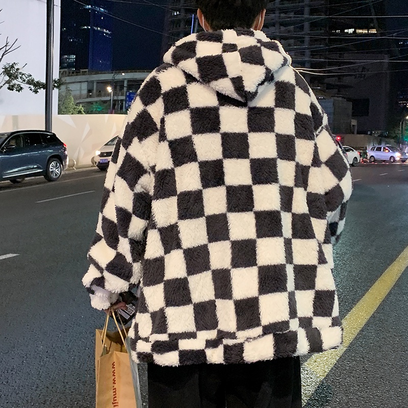 Áo khoác nam dáng rộng, áo khoác lông cừu nam kẻ caro thời trang phong cách Hàn Quốc