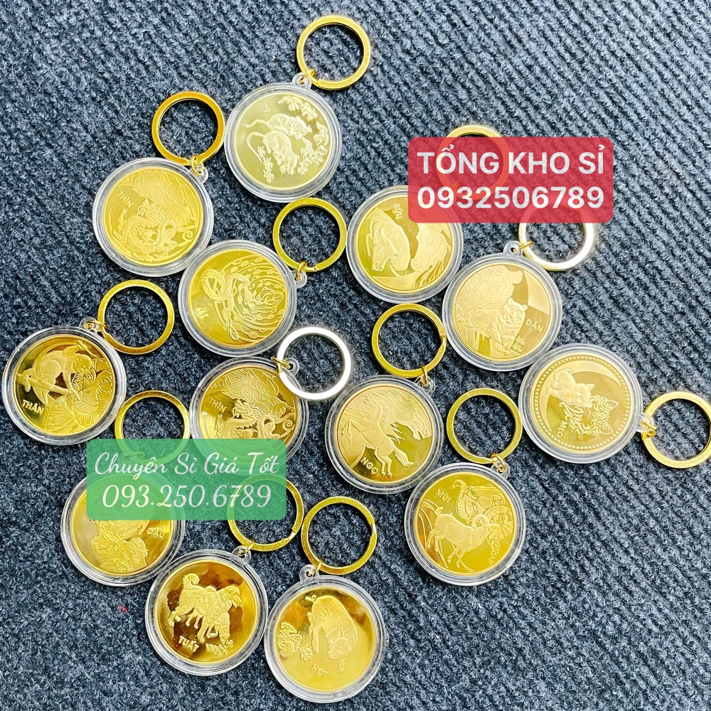 [GIÁ KM] [CON RỒNG] Móc Khóa Đồng Xu Khắc Hình 12 Con Giáp, Niken Mạ Vàng Phong Thủy