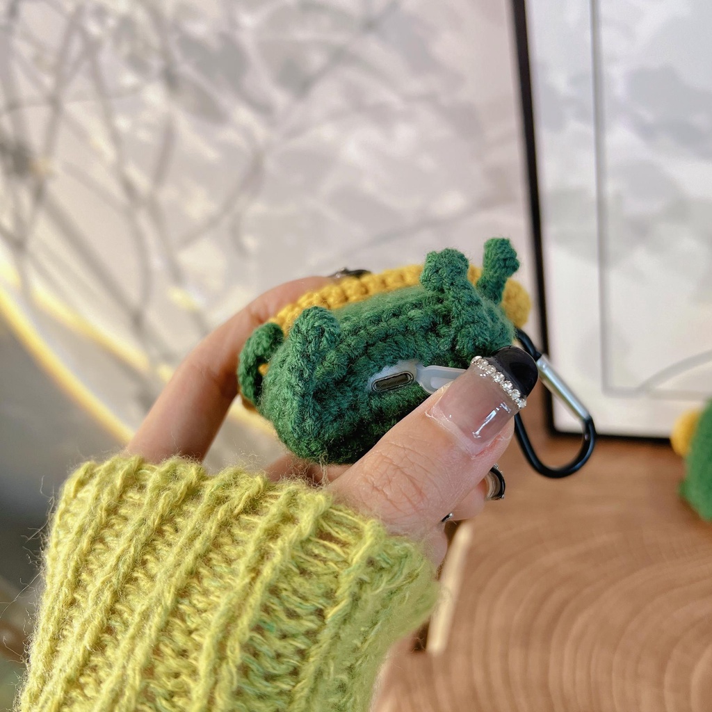 Vỏ Bảo Vệ Hộp Sạc Tai Nghe AirPods 1 2 3 2021 Bluetooth Không Dây Chất Liệu Tpu Mềm Đan Len Hình Quái Vật 3D Màu Xanh Lá