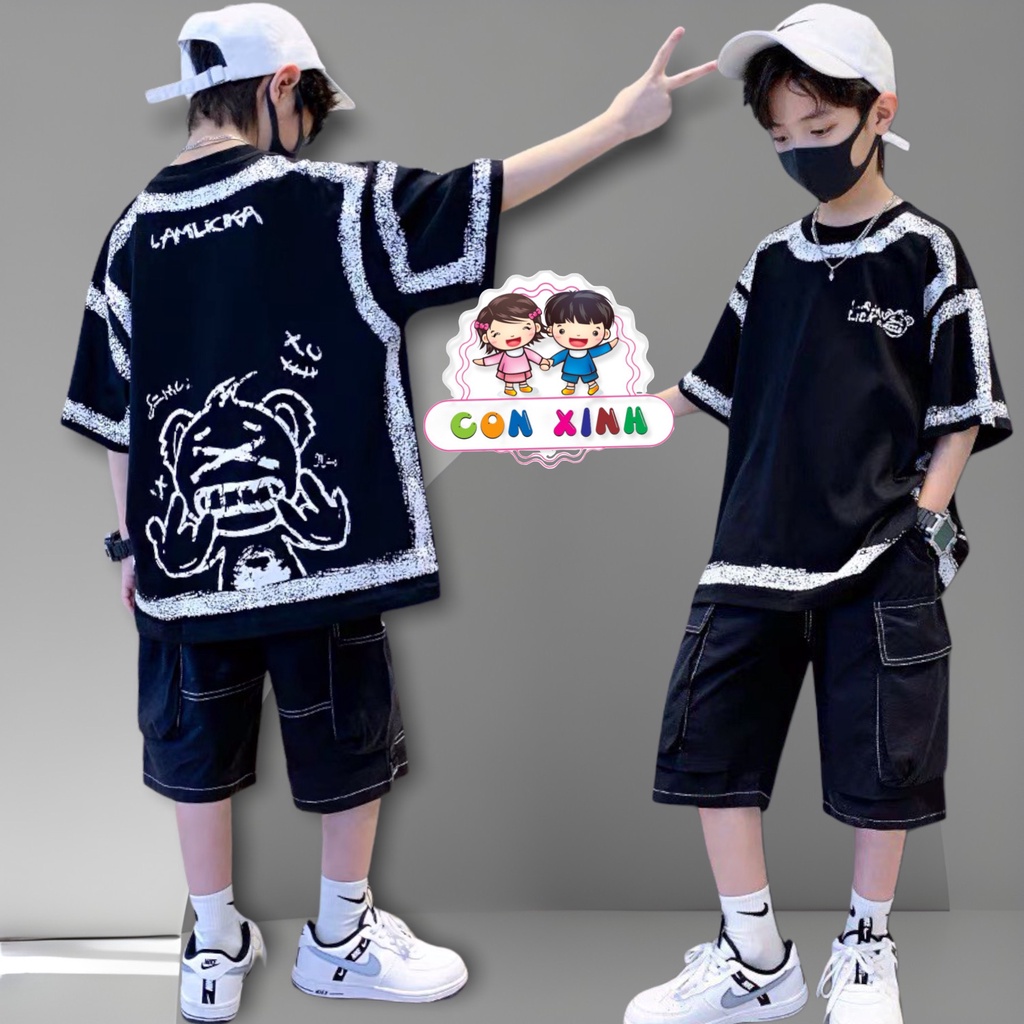 Bộ đồ bé trai Con Xinh cotton hình in GẤU LAMLIKKA, set quần áo bé trai từ 4 đến 10 tuổi