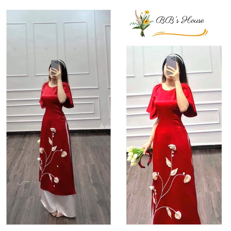 Áo dài cách tân vải tata kết tay hoa nổi sang chảnh, áo dài vai cách điệu xinh lắm nha
