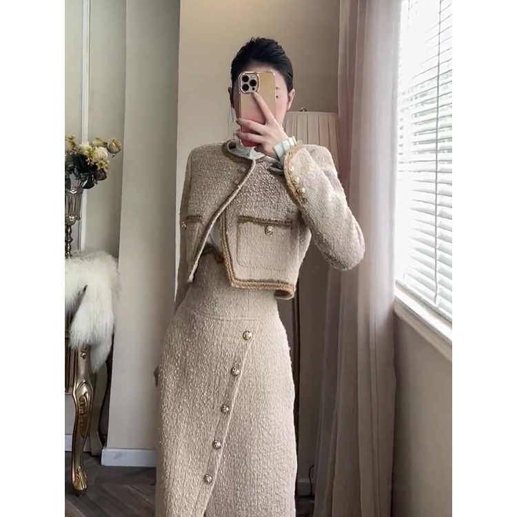 Sét dạ tweed chân váy cao, xẻ cách điệu, màu nâu nhạt hàng quảng châu chuẩn