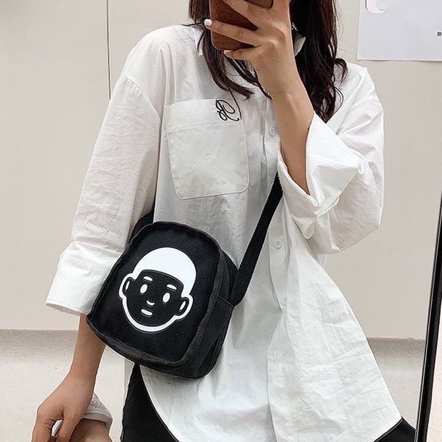 Túi vải tote canvas đeo chéo hình mặt người ngộ nghĩnh đáng yêu phong cách Harajuku Nhật Bản