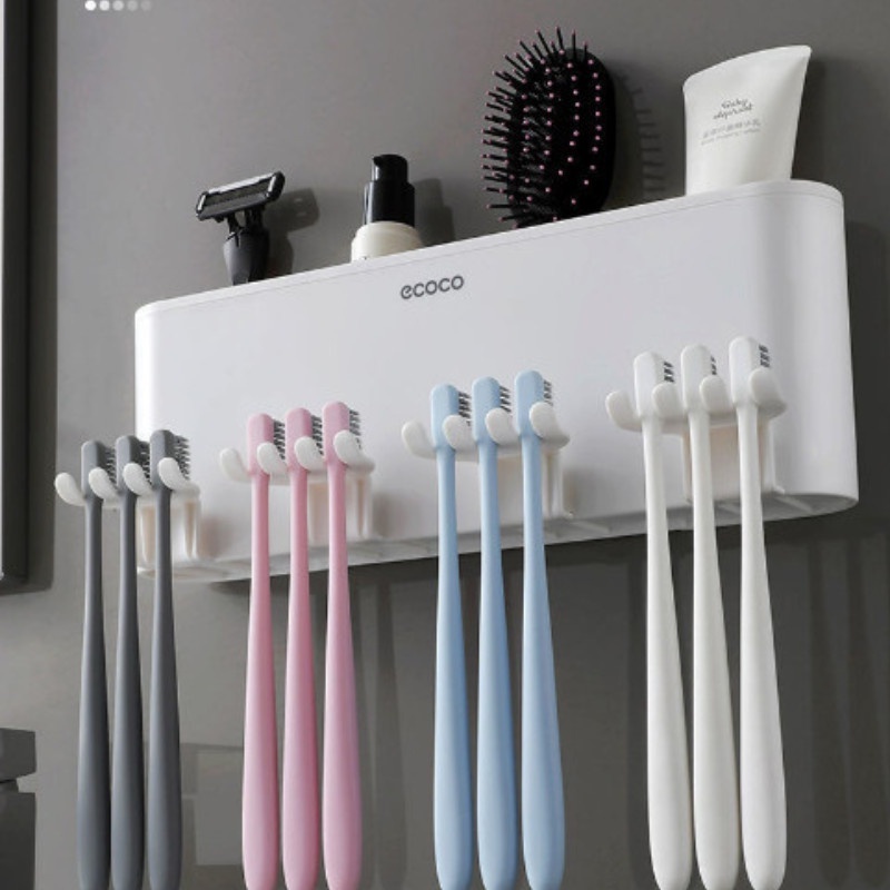 Kệ Để Cốc Và Bàn Chải Kem Đánh Răng ECOCO Dán Tường Không Cần Khoan Đục, Tặng Kèm Cốc Và Miếng Dán, Bộ 4 Cốc