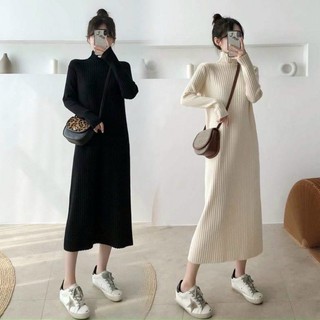 Váy len nữ dáng dài suông,Đầm len cổ 3 phân màu đen be nâu basic chất len QC dày dặn phong cách hàn