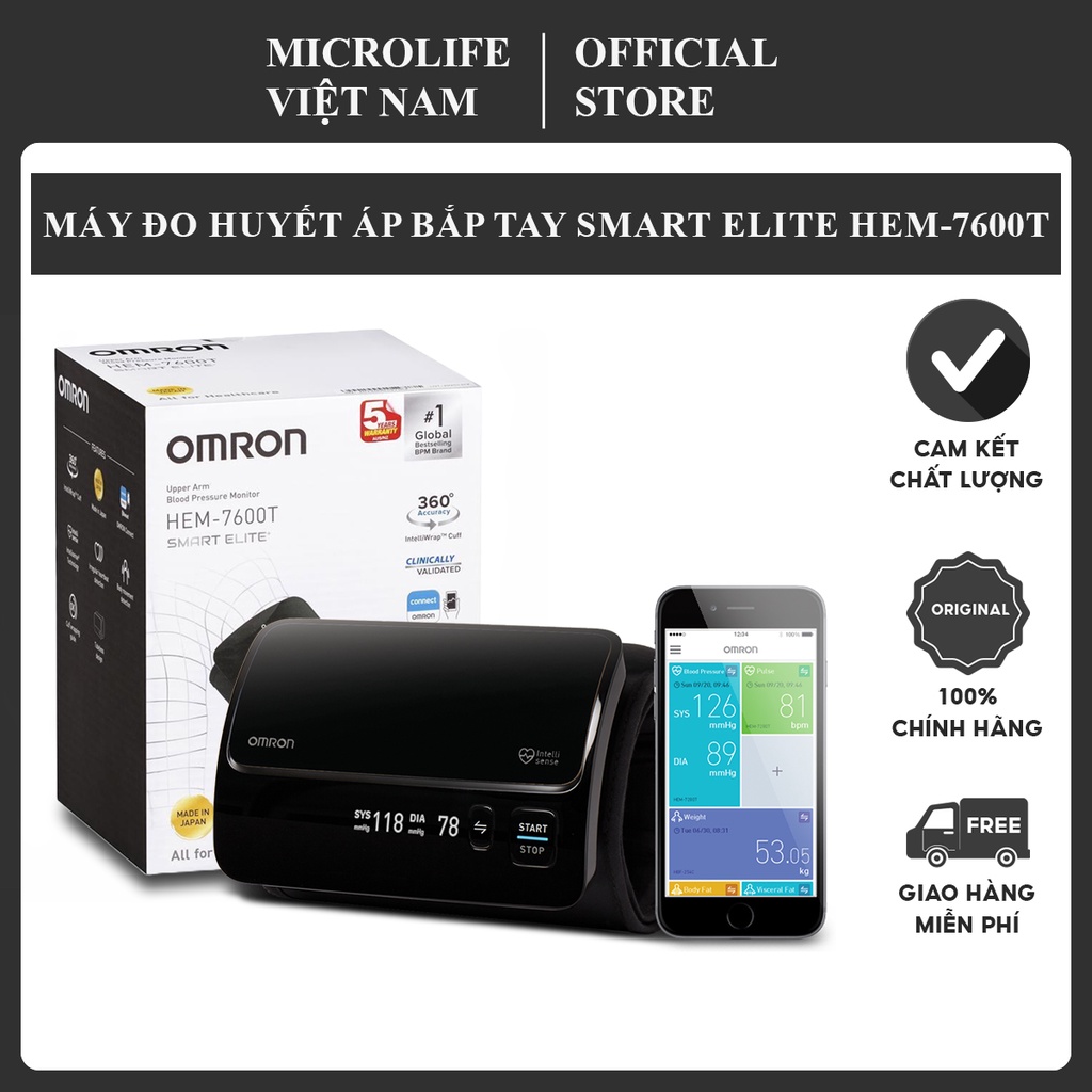 Máy Đo Huyết Áp Cao Cấp Omron HEM-7600T | Kết Nối Bluetooth, Công nghệ Intellisense , Vòng Bít Không Dây Xoay 360 Độ