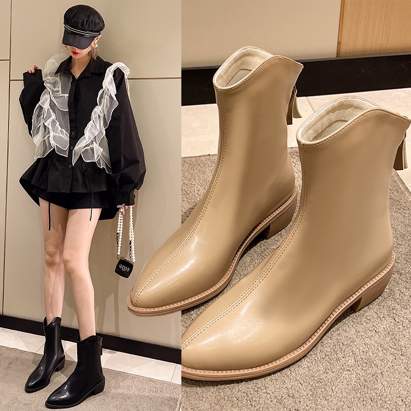 Giày Bốt Da Mềm Cao Gót Mũi Vuông Có Khóa Kéo Thời Trang Cho Nữ Giày Bốt Mocha Thời Trang Trẻ Trung Cá Tính Cho Nữ