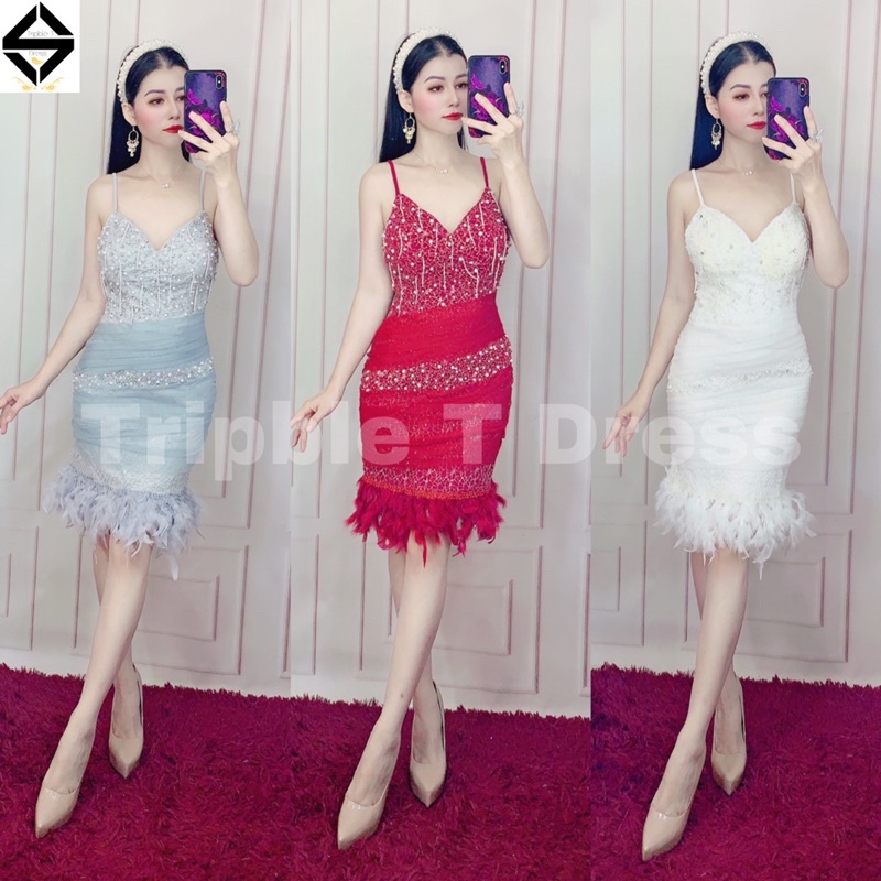 Đầm body 2 dây phối lông tua rua và kết cườm ren lỗ TRIPBLE T DRESS - size S/M/L -MS231Y