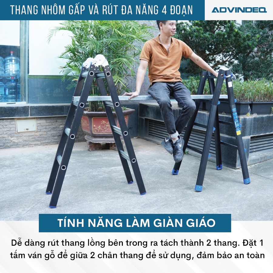 Thang Nhôm Gấp Và Rút Đa Năng 4 Đoạn 4,4m ADVINDEQ AML44, linh hoạt 5 tư thế, khóa sập tự động an toàn, tải trọng 150kg