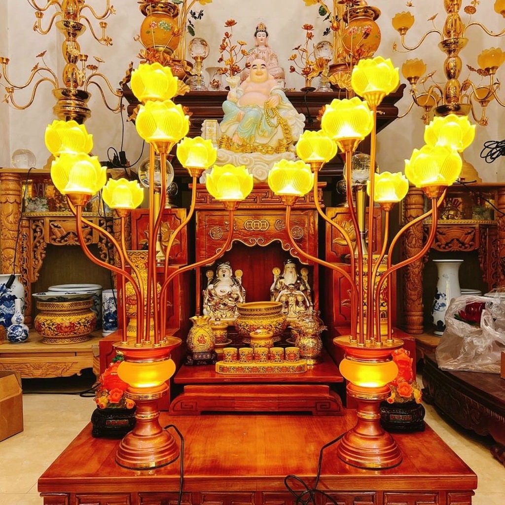 Đôi đèn thờ đồng lưu ly 7 bông cao 90 cm bầu to bóng led bền - đèn hoa sen dâng phật - đèn điện thờ