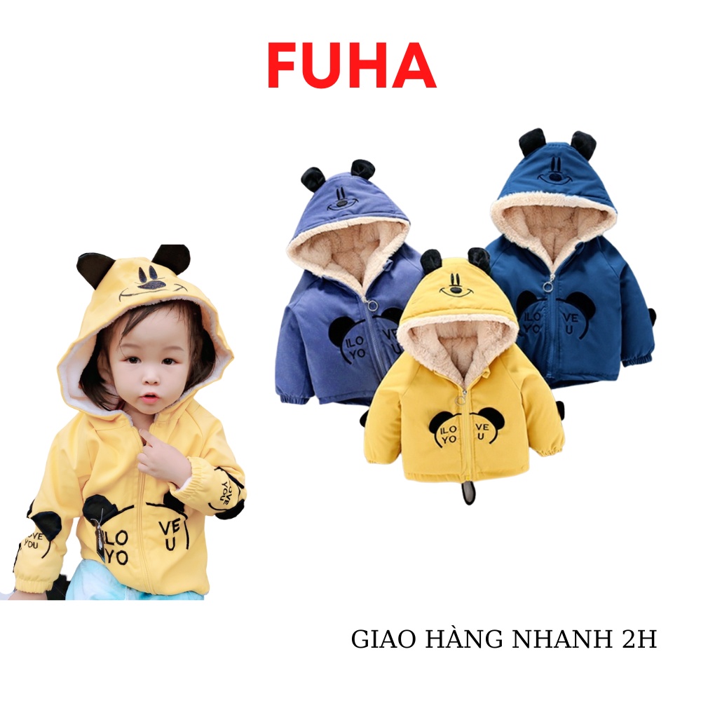 Áo khoác lót lông mềm cho bé FUHA, áo vải kaki tai thật in hình dễ thương bé 8kg đến 18kg