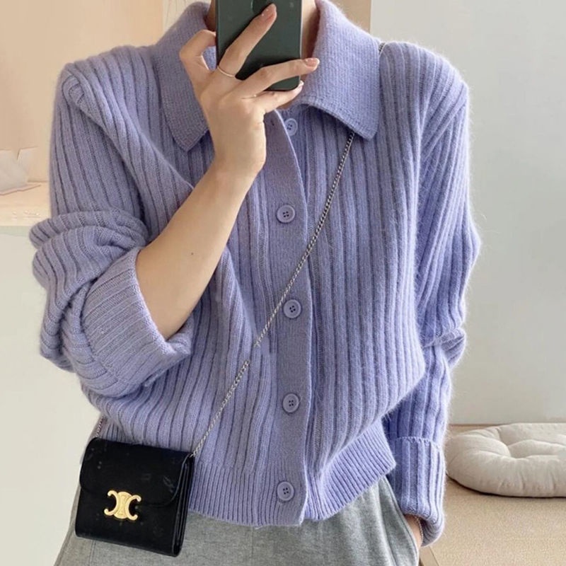 Áo Cardigan Len Dệt Kim Dáng Ôm Ngắn Kẻ Sọc Dọc Màu Tím Taro Phong Cách Nhẹ Nhàng Cho Nữ