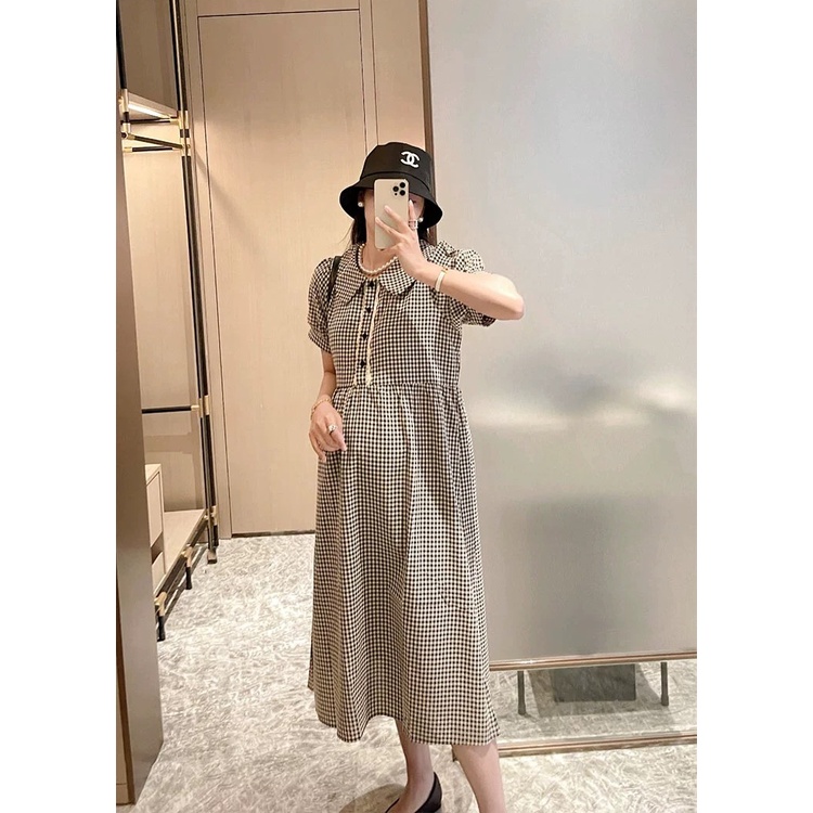 Váy đầm bầu kẻ caro sơmi thiết kế cho mẹ bầu công sở, dự tiệc phong cách trẻ trung lịch sự mới mùa hè.