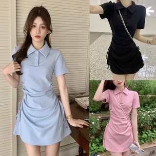 Váy nữ body dây rút hông đầm polo body dáng ôm cộc tay 3 hồng xanh trắng tôn dáng v038