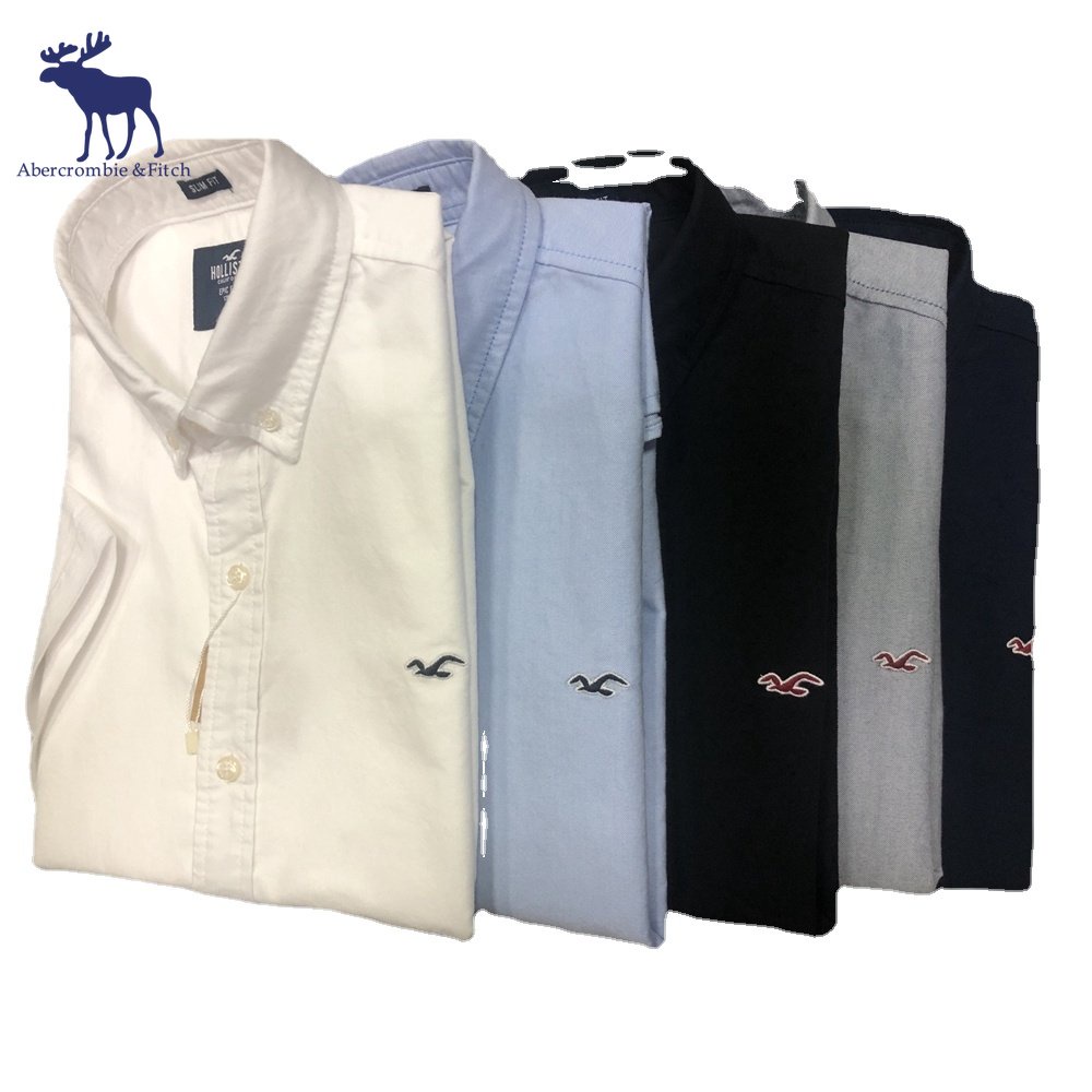 Áo Sơ Mi Cotton Tay Ngắn Màu Trơn Cổ Bẻ Dáng Ôm Phong Cách Doanh Nhân Abercrombie & Fitch HOLLISTER AF Hoco Cho Nam