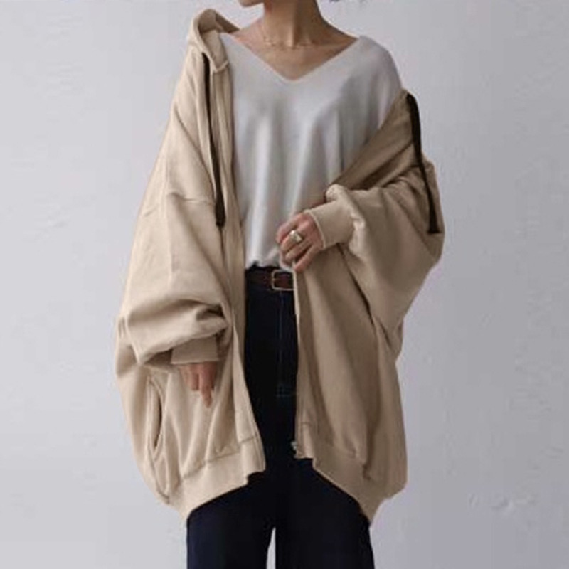 Mới Áo Hoodie Nữ Dáng Rộng Màu Trơn Thời Trang