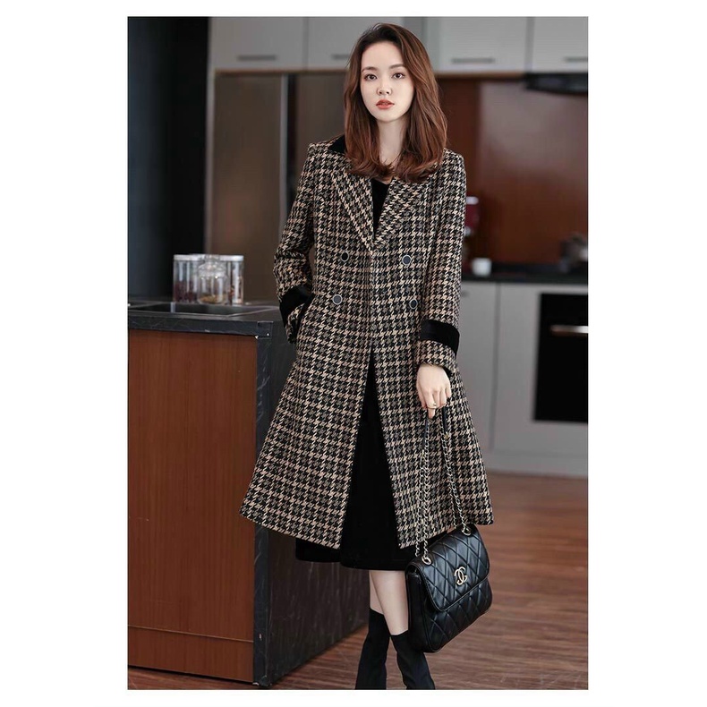 Áo Khoác Nữ, Áo Dạ Dáng Dài  Công Sở Họa Tiết Caro Túi Xéo Cổ Vest Hottrend Siêu Sang