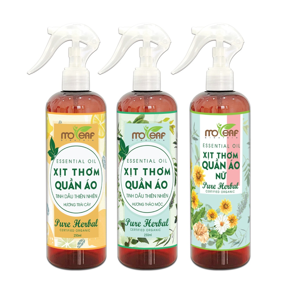 Xịt Thơm QUẦN ÁO Moleaf - Tinh Dầu Sen Trắng, Hoa Lài, Phong Lữ, Hoa Cam, Hoa Anh Đào, Bạc Hà, Vỏ Bưởi, Cam Ngọt, Gỗ Đàn