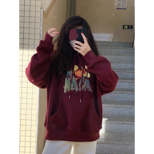 Áo Hoodie Nỉ Bông Tay Dài Hoạ Tiết Tranh Vẽ Hoa Có Mũ Túi Bụng